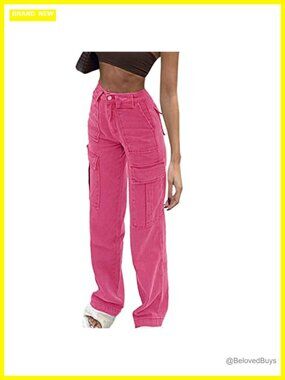 High Waist Wide Leg Cargo Jeans with Pockets, Boyfriend Fit, 73% Cotton